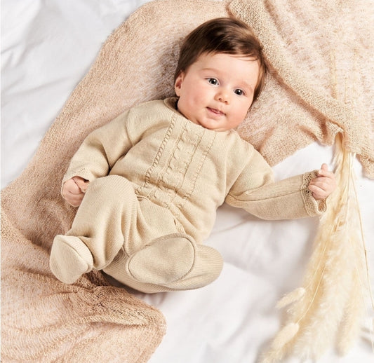 Unisex Baby Beige Knitted 2 Piece Cable Knitted Set