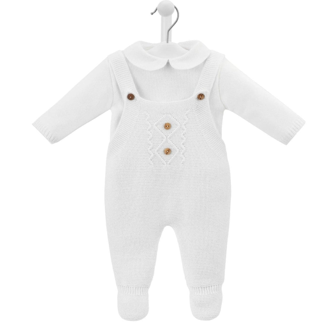 Unisex Baby White Dandelion Knitted Dungaree Set