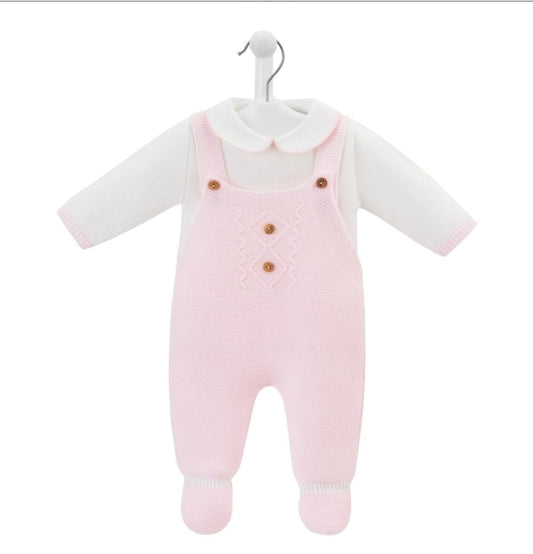 Baby Girls Pink And White Dandelion Knitted Dungaree Set