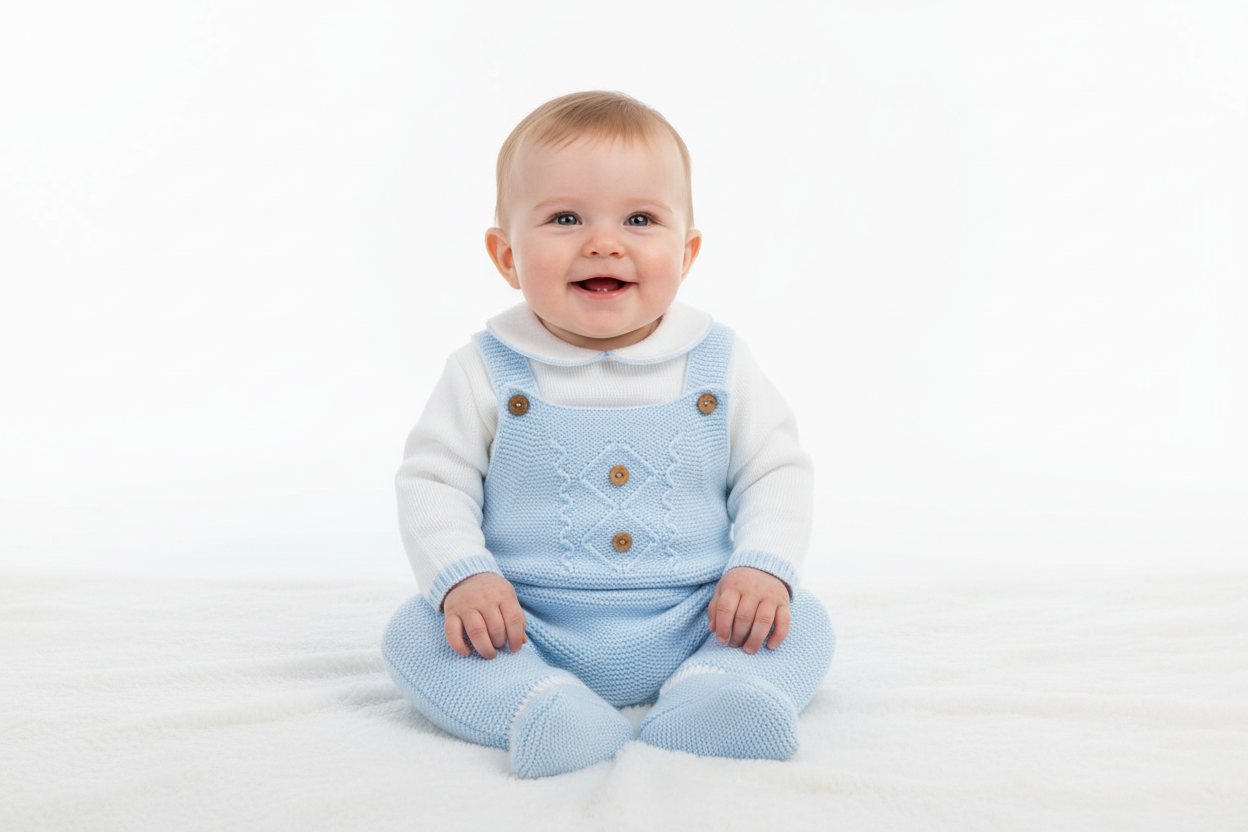 Baby Boys Blue And White Dandelion Knitted Dungaree Set