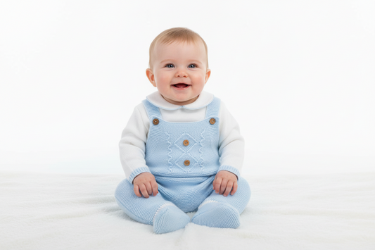 Baby Boys Blue And White Dandelion Knitted Dungaree Set