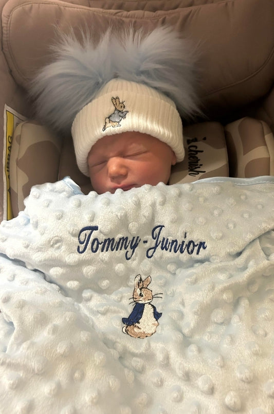 Personalised Blue Dimple Baby Wrap With Blue Rabbit