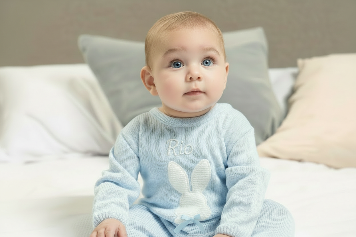 Baby Boys Blue Knitted Bobtail Onesie