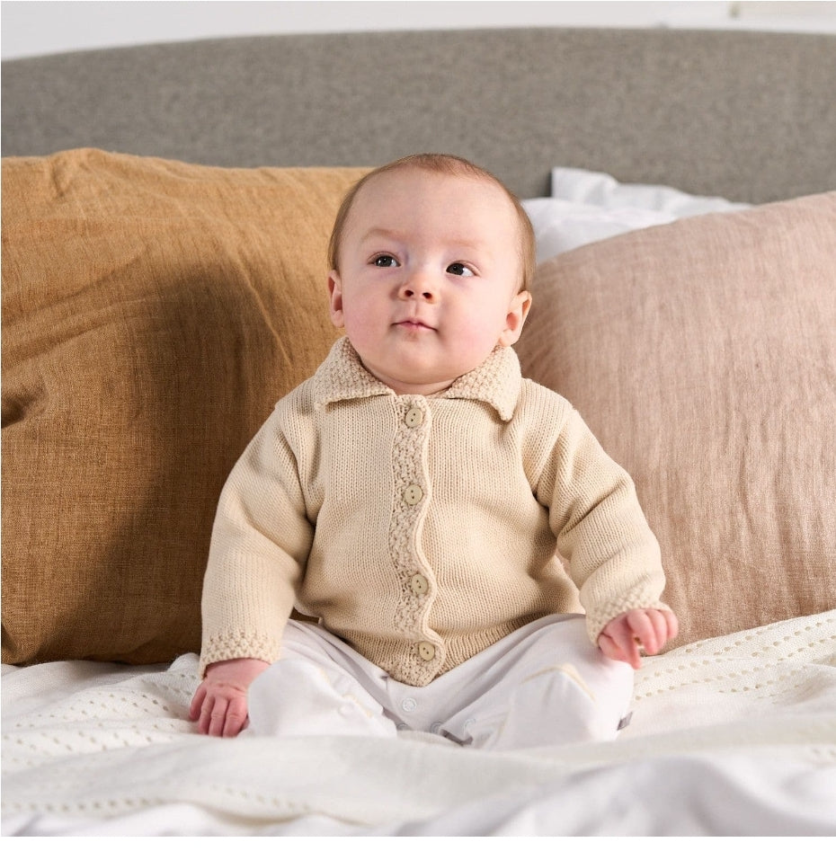 Unisex Baby Beige Knitted Cardigan With Collar