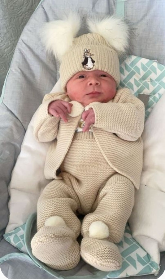 Unisex Baby Beige And Brown Knitted Rabbit Hat With Double Faux Fur Fluffy Pom
