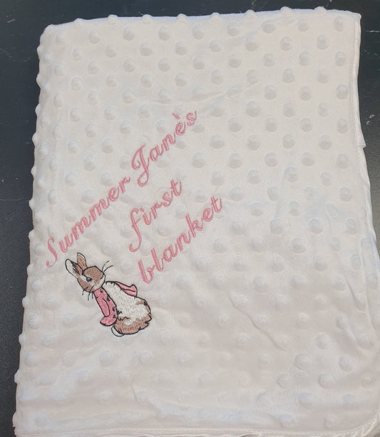 Personalised Baby Girls My First White Dimple Wrap/ Blanket With Pink Rabbit