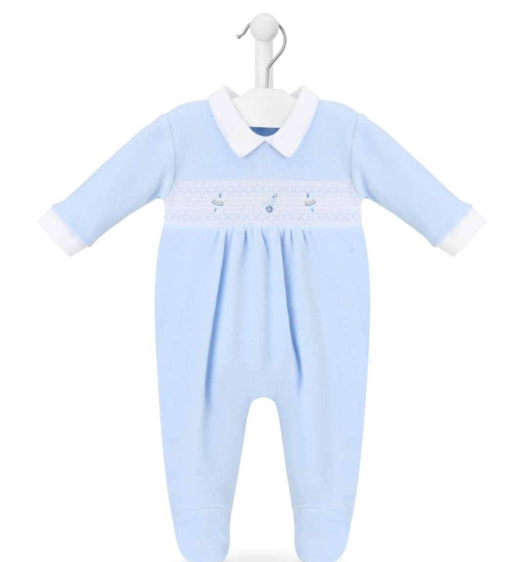 Baby Boys Blue Velour Spinning Top Smocked Sleepsuit