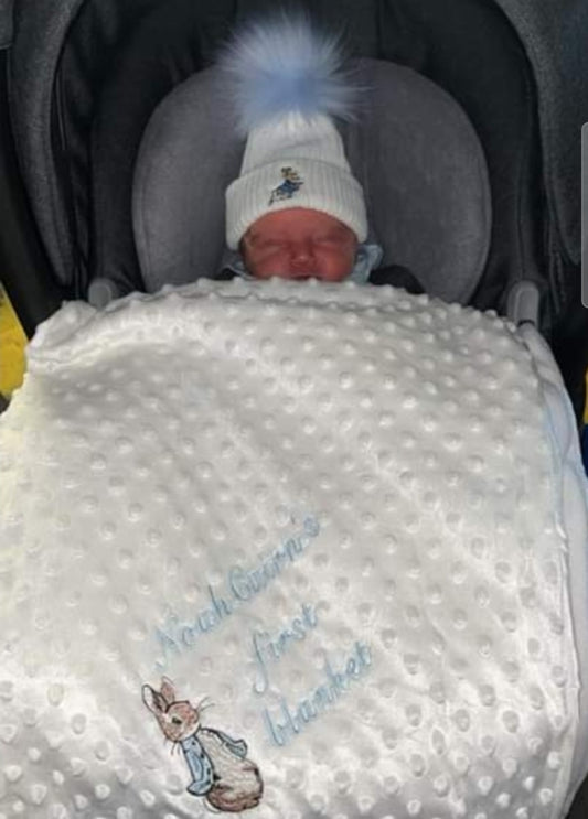 Personalised Baby Boys My First White Dimple Wrap/ Blanket With Blue Rabbit