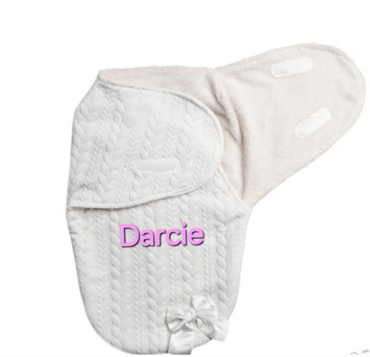 Personalised Unisex Baby White Knitted Cable Design Swaddle Wrap