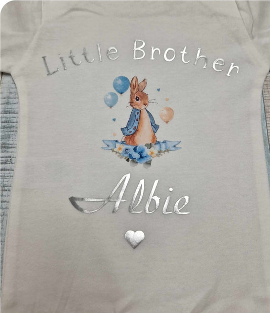 Baby Boys Personalised Little Brother Babygro With Blue Rabbit