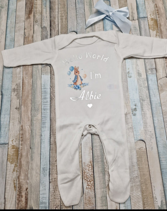 Baby Boys White Personalised Babygro With Hello World Blue Rabbit