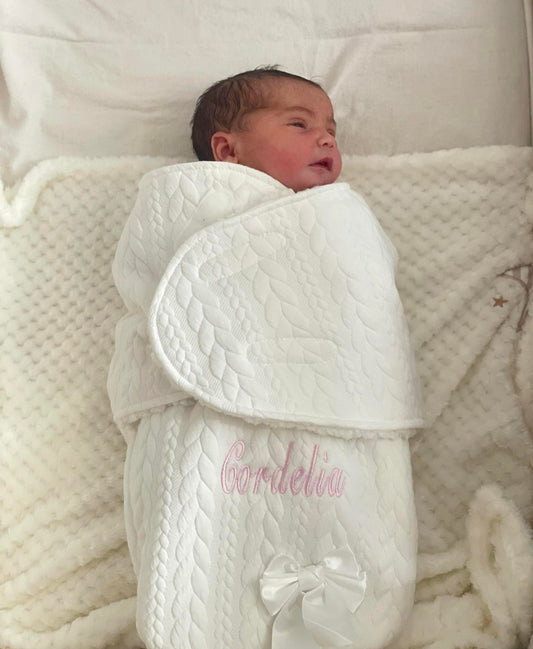 Personalised Unisex Baby White Knitted Cable Design Swaddle Wrap