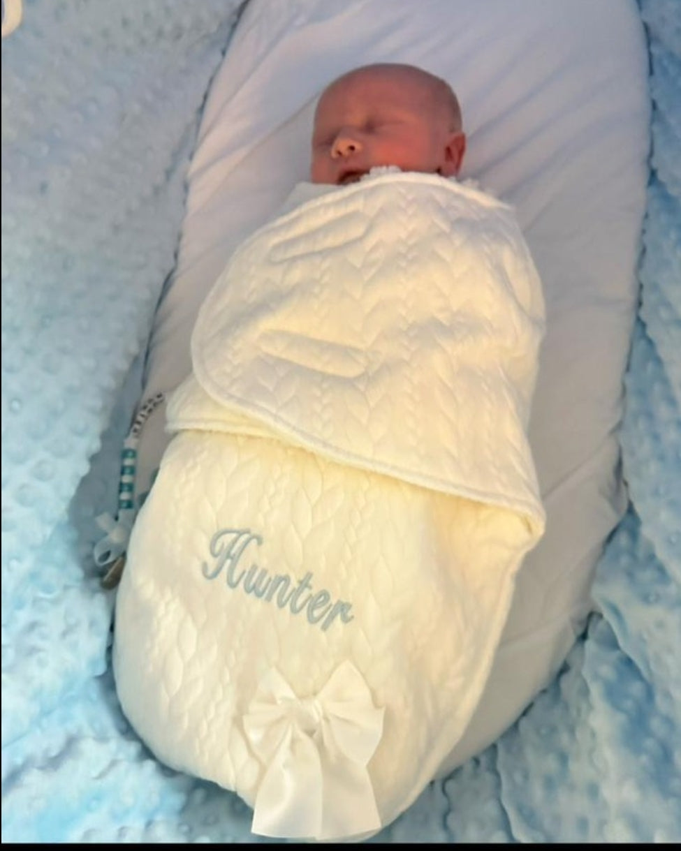 Personalised Unisex Baby White Knitted Cable Design Swaddle Wrap