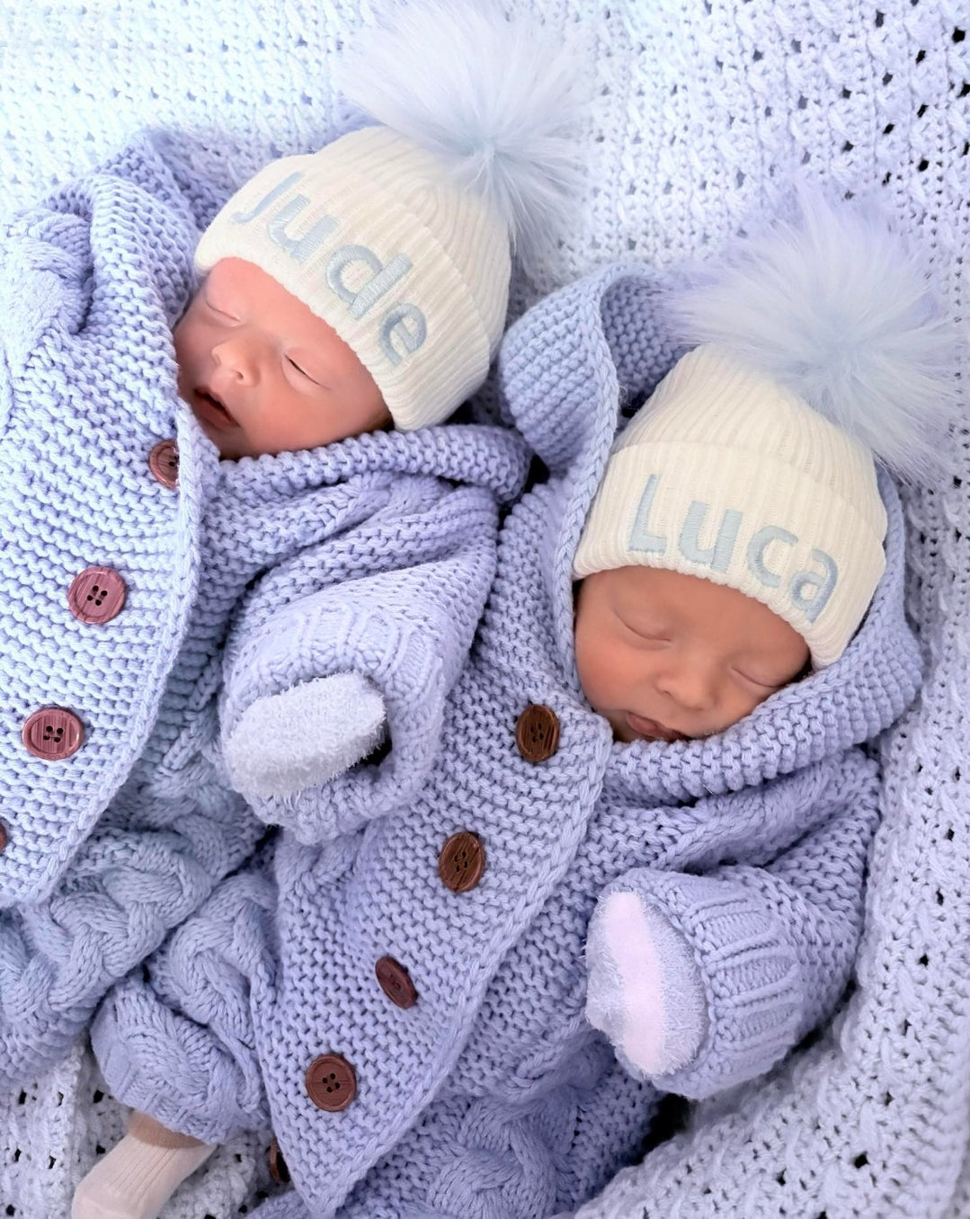 Personalised Baby White Knitted Single Blue Fluffy Faux Fur Pom Hat