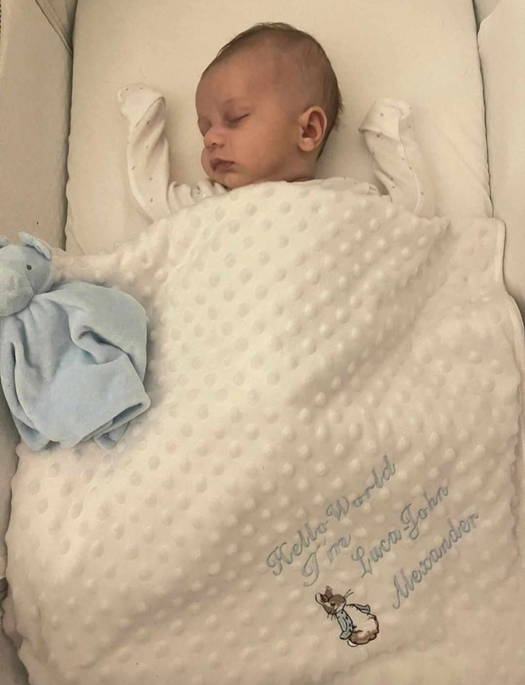 Personalised Hello World White Dimple Blanket/Wrap With Blue Rabbit