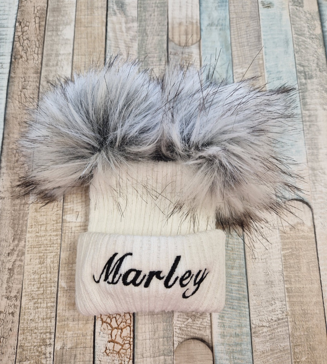 Personalised Baby White Knitted Double Grey Fluffy Faux Fur Pom Hat