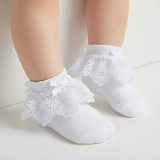 Baby Girls Soft Touch White Deep Lace Bow Ankle Socks