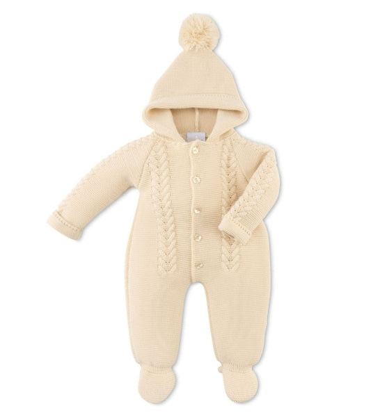 Unisex Baby Beige Cable Knit Hooded Pramsuit