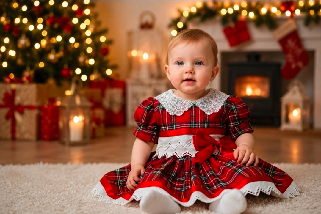 Baby Girls Red Tartan Dress With Red 1 Satin Bow
