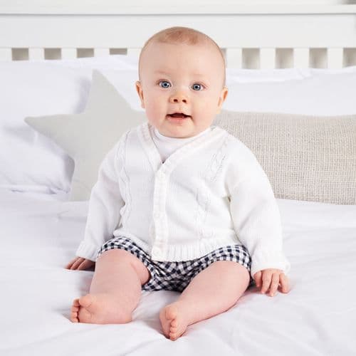 Baby Boys White Cable Knit Cardigan With Hello World Design
