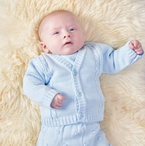 Baby Boys Blue Cable Knit Cardigan With Hello World Design