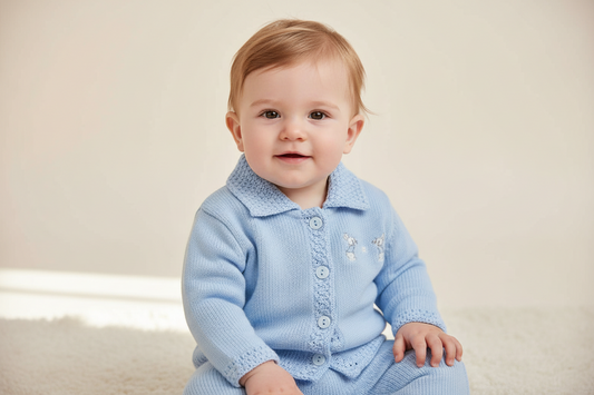 Baby Boys Blue Bunny And Flower Knitted Cardigan