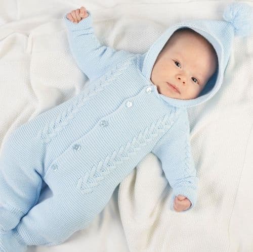 Baby Boys Blue Cable Knit Hooded Pramsuit