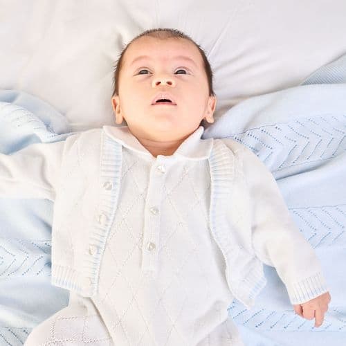 Nana's Special Buys Baby Boys White And Blue Cotton Knitted Cardigan