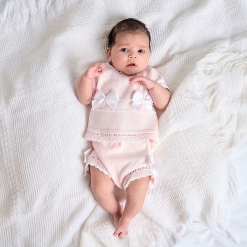 Nana B Baby Girls Pink Knitted Short Set With Ribbon Bow