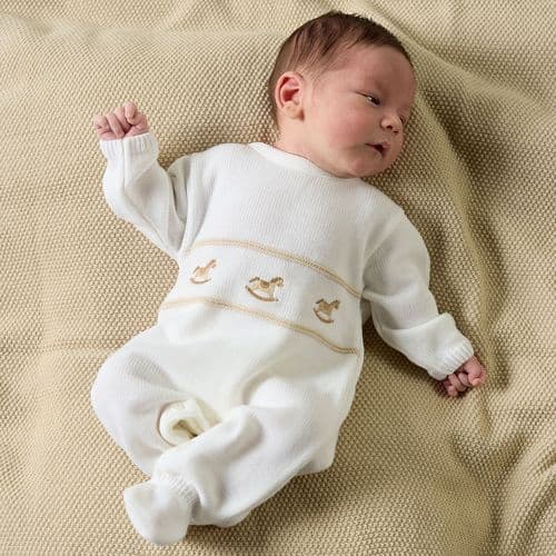 Unisex Baby White And Beige Knitted Rocking Horse All In One