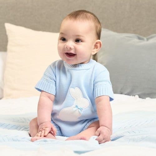 Baby Boys Blue & white Knitted Rabbit Romper