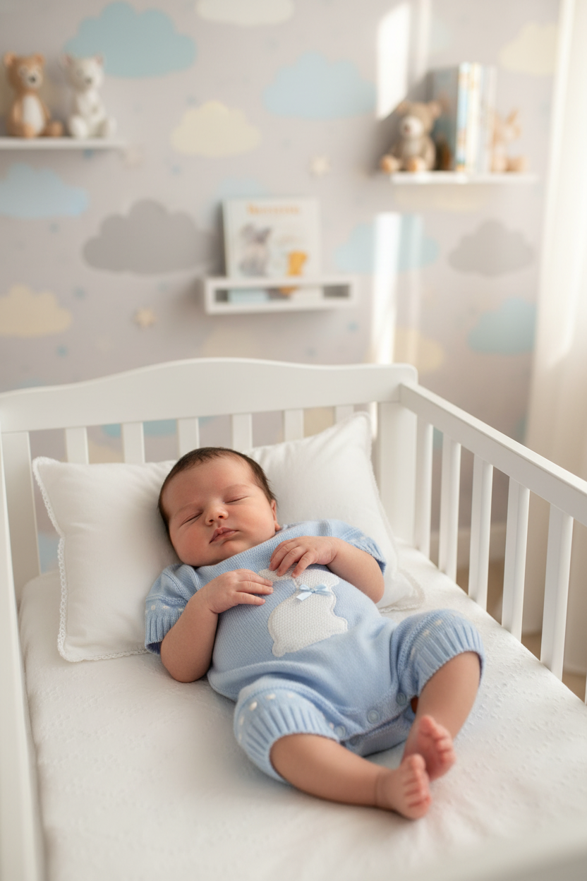 Baby Boys Blue & white Knitted Rabbit Romper