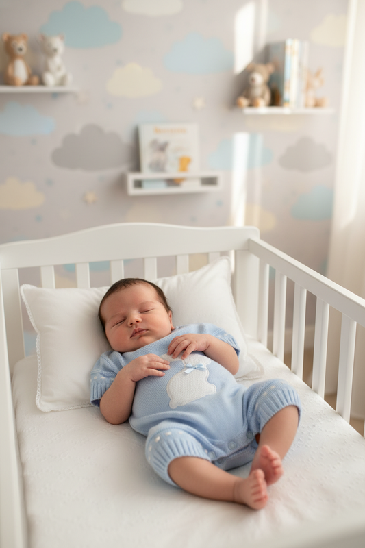 Baby Boys Blue & white Knitted Rabbit Romper