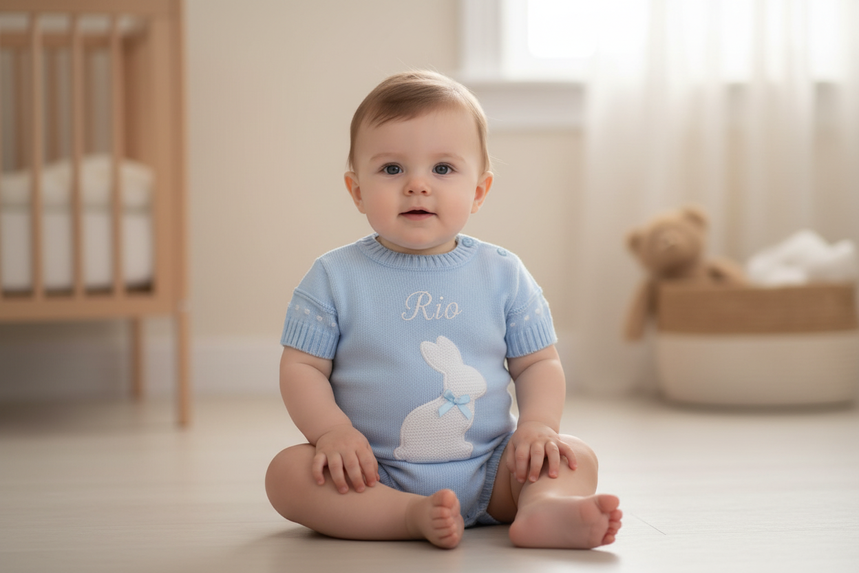 Baby Boys Blue & white Knitted Rabbit Romper
