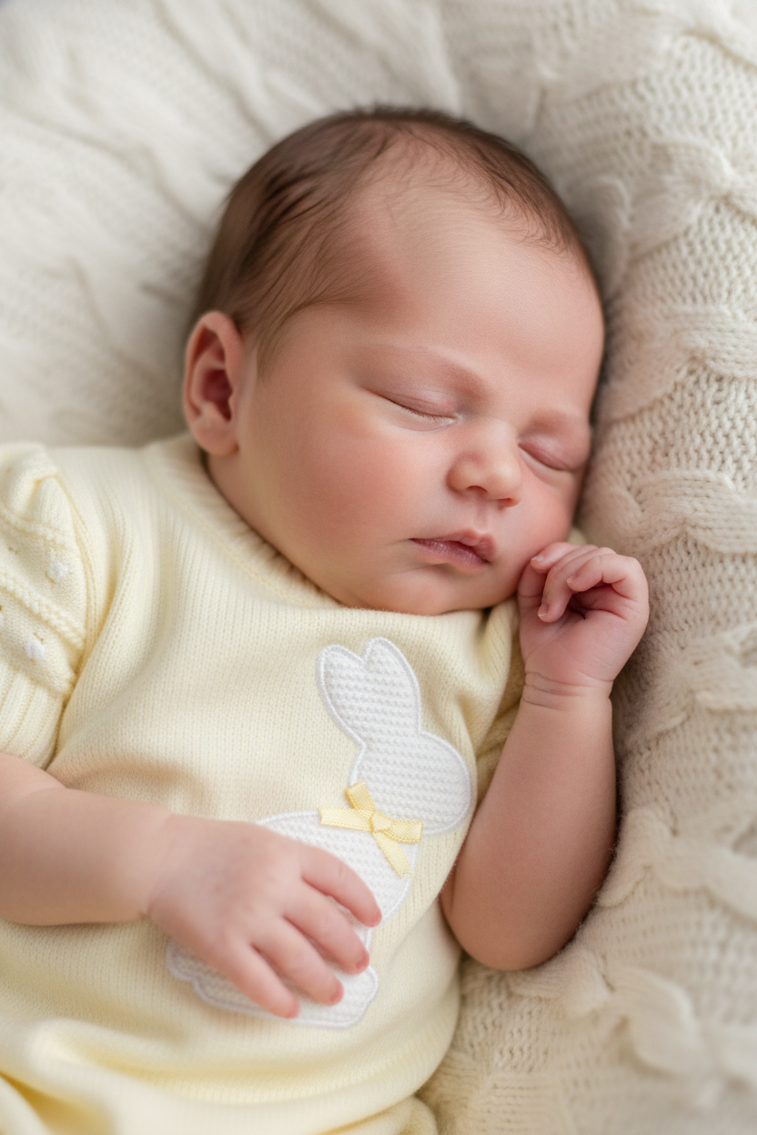 Unisex Baby Lemon And White Knitted rabbit Romper