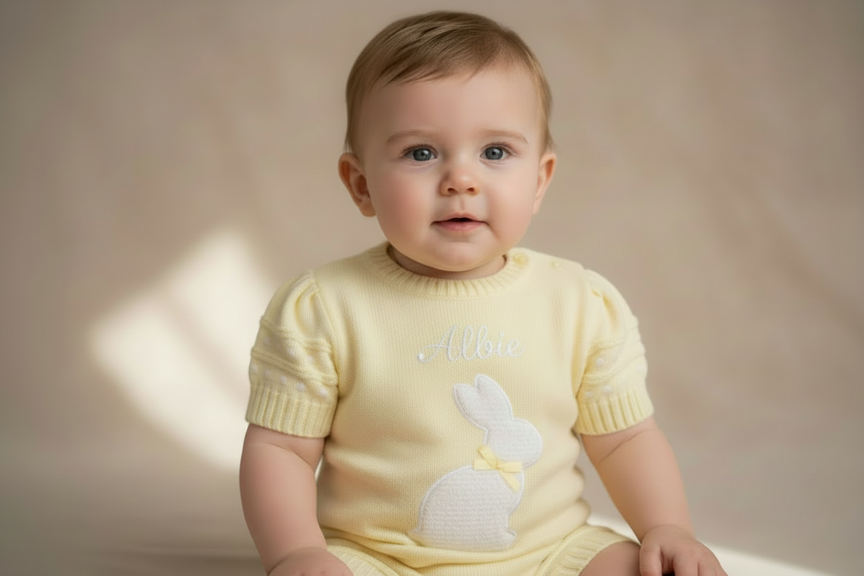 Unisex Baby Lemon And White Knitted rabbit Romper