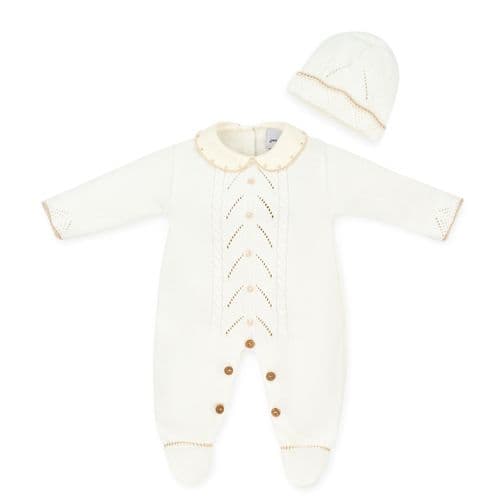 Unisex Baby Cream Knitted Onesie With Hat