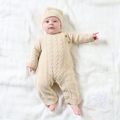 Unisex Baby Beige Cable Knitted Footless All In One With Matching Hat