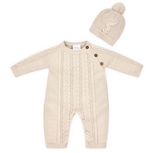 Unisex Baby Beige Cable Knitted Footless All In One With Matching Hat