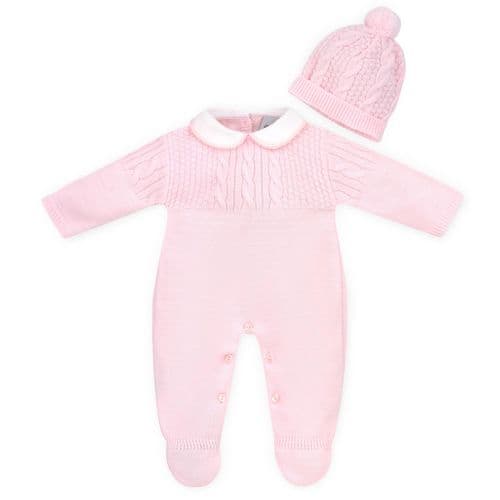 Baby Girls Pink Knitted All in One With Bobble Hat