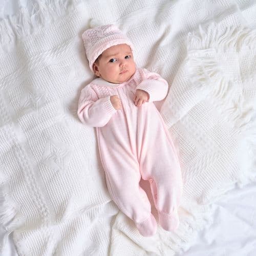 Baby Girls Pink Knitted All in One With Bobble Hat