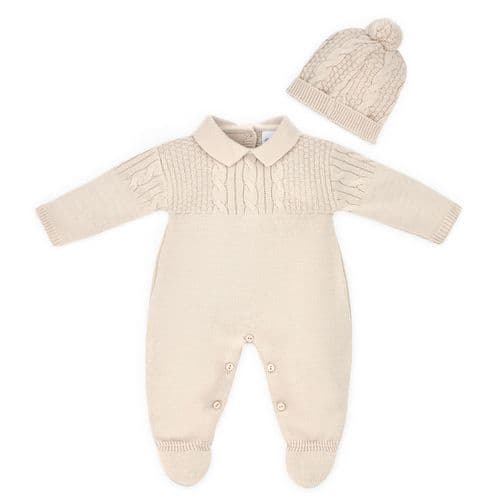 Unisex Baby Beige Knitted All in One With Bobble Hat