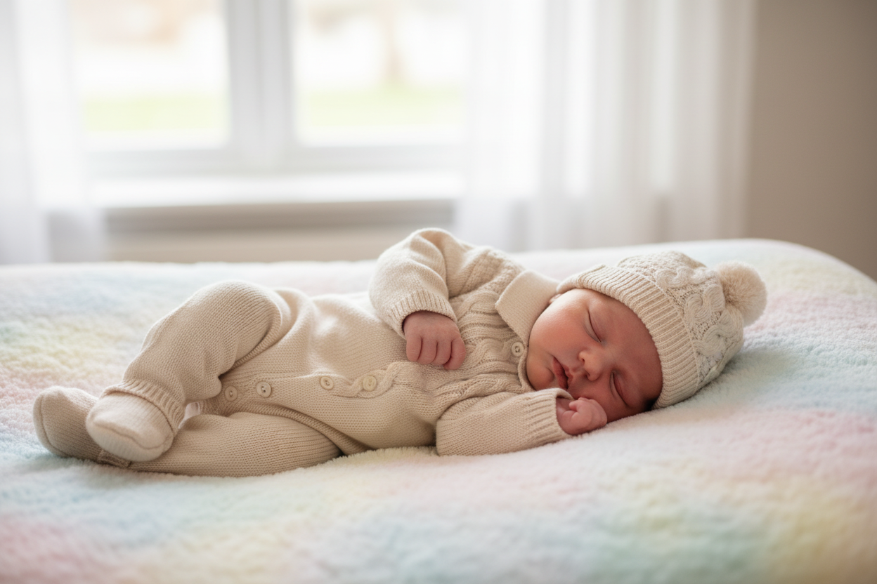 Unisex Baby Beige Knitted All in One With Bobble Hat