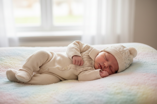 Unisex Baby Beige Knitted All in One With Bobble Hat