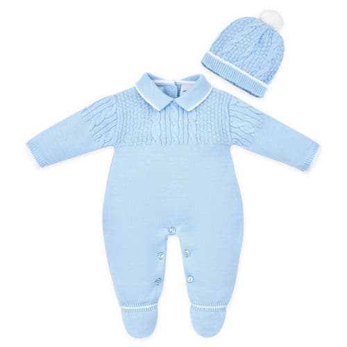 Baby Boys Blue Knitted All in One With Bobble Hat