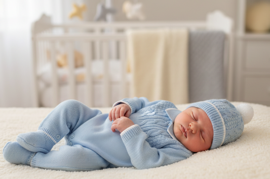 Baby Boys Blue Knitted All in One With Bobble Hat