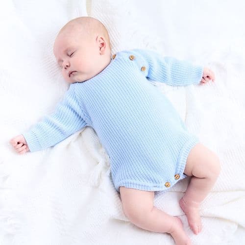 Personalised Baby Boys Blue Knitted Long Sleeved Romper