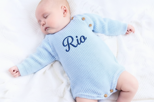 Personalised Baby Boys Blue Knitted Long Sleeved Romper