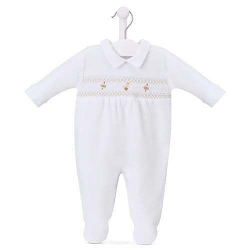 Unisex Baby White Velour Spinning Top Smocked  Sleepsuit