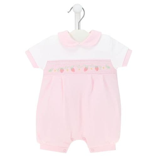 Baby Girls Pink Smocked Strawberry Romper